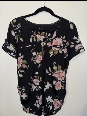 Black Floral Zip-Front Women's Blouse with Pink Blooms